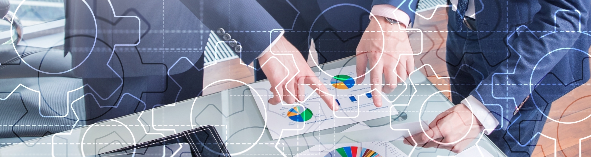 Double exposure gears and men's hands pointing to investment allocation flyers on a table 